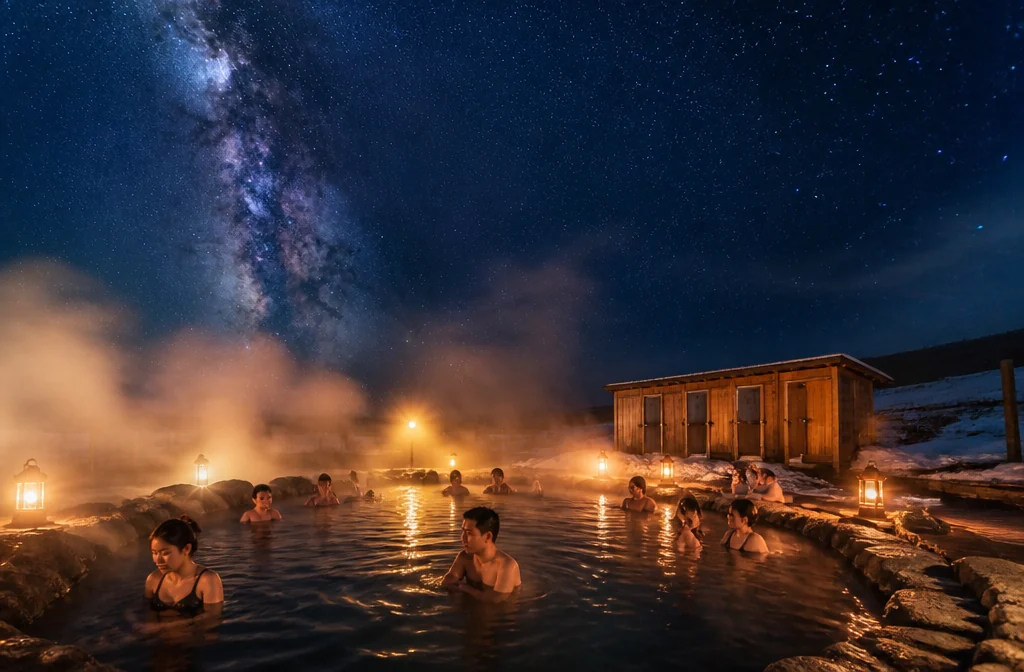 Evening in a Chundzha thermal pool under the starry sky