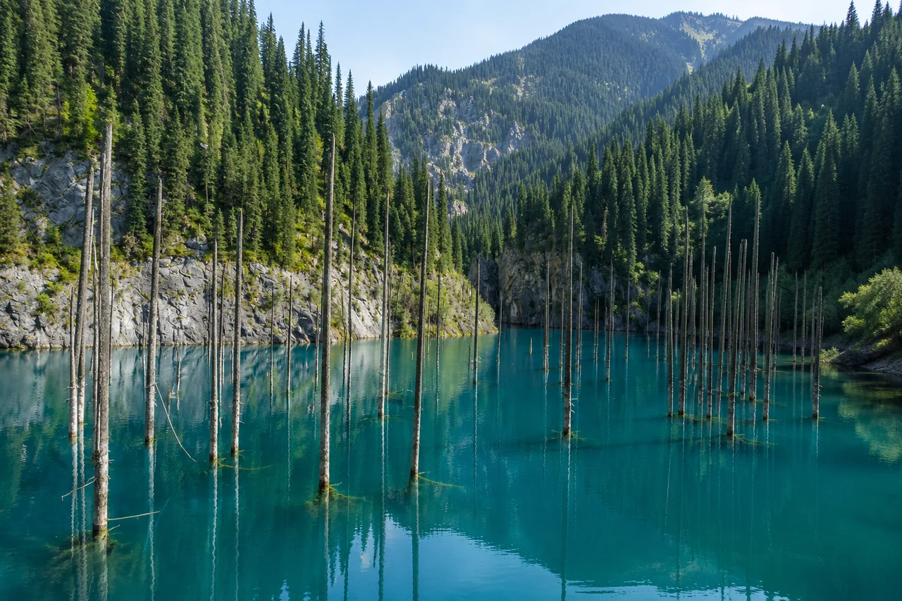 Озеро Каинды с затопленным лесом