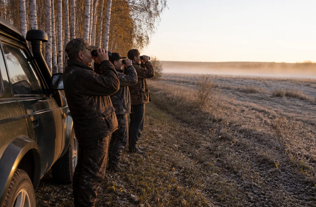Hunters with a gamekeeper looking out for roe deer at dawn