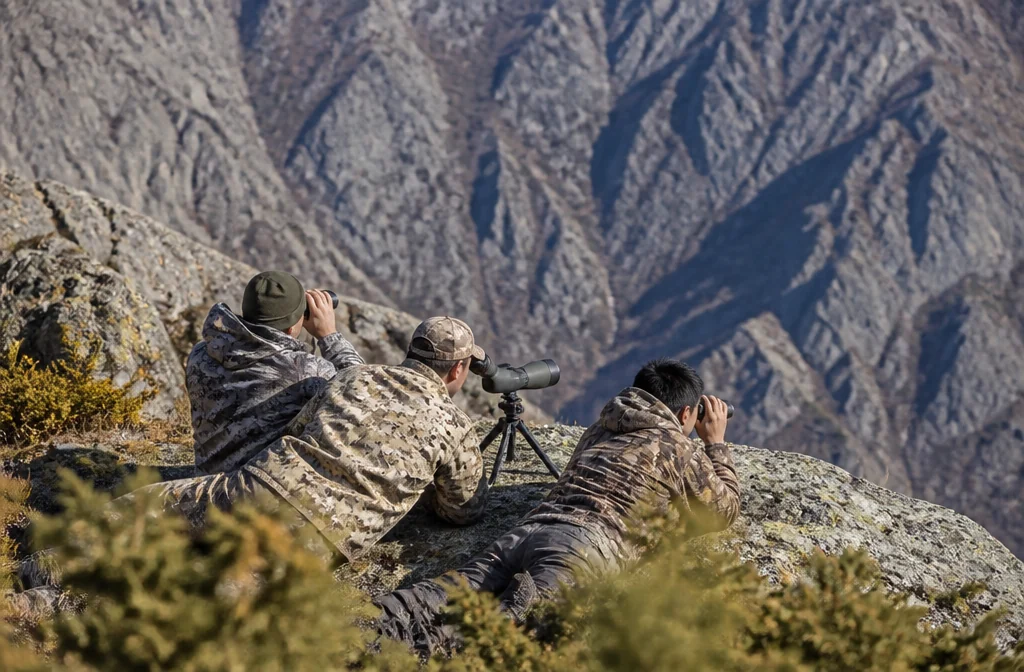 A huntsman and hunters spotting ibex through binoculars and a spotting scope