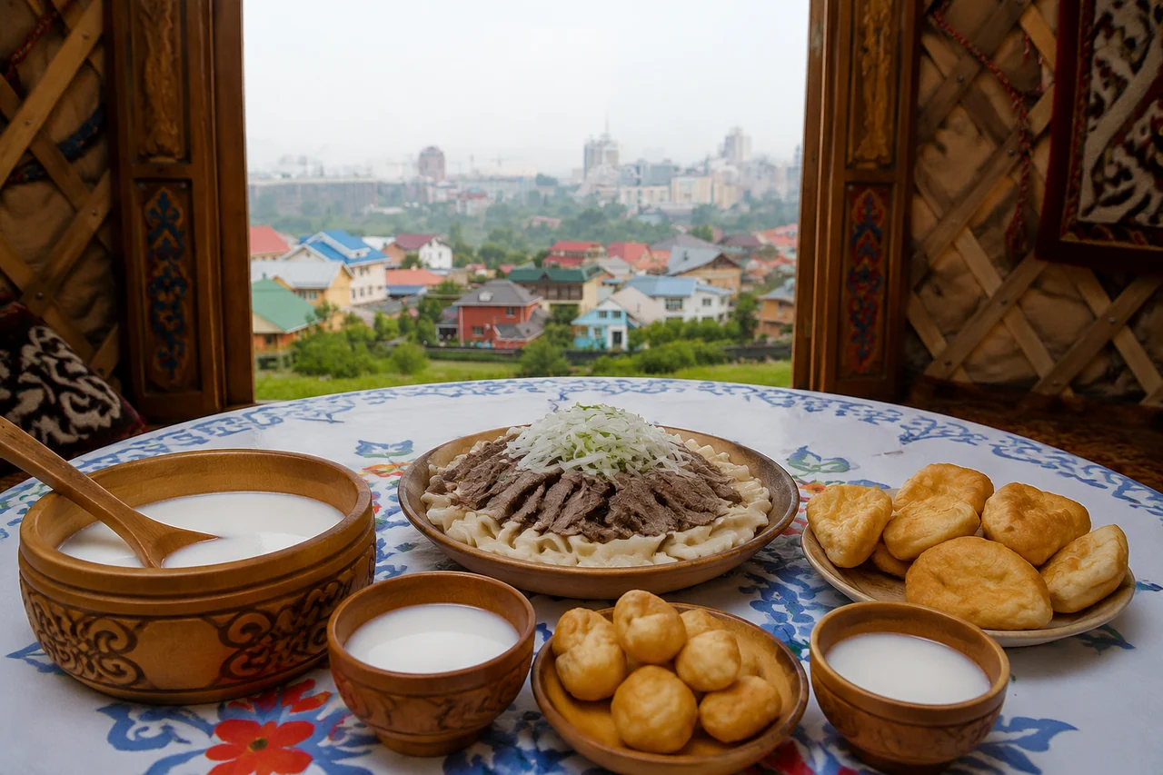 Казахский обед из бешбармака и кумыса