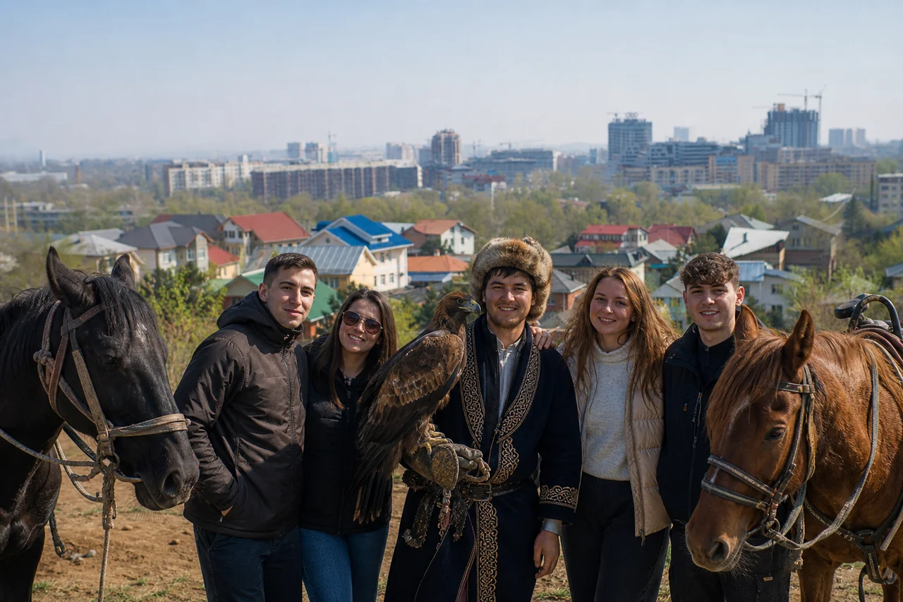 Группа туристов с беркутом и лошадьми