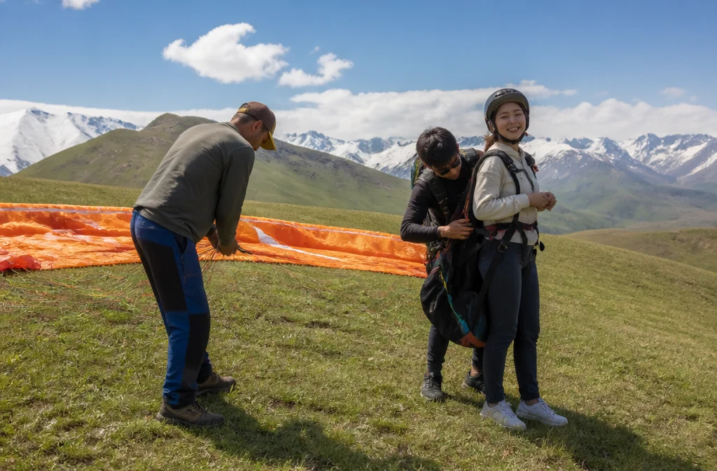 Instructor preparing the paraglider for take-off on the Ushkonyr plateau
