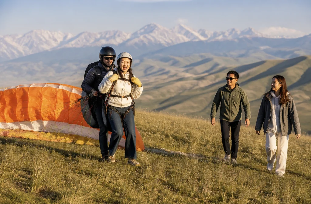 Landing after a paragliding flight on the Ushkonyr plateau