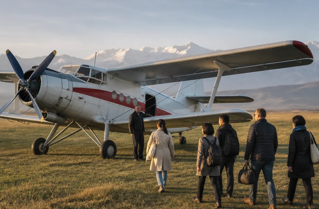 Passengers walking to the An-2 plane before a flight from Almaty