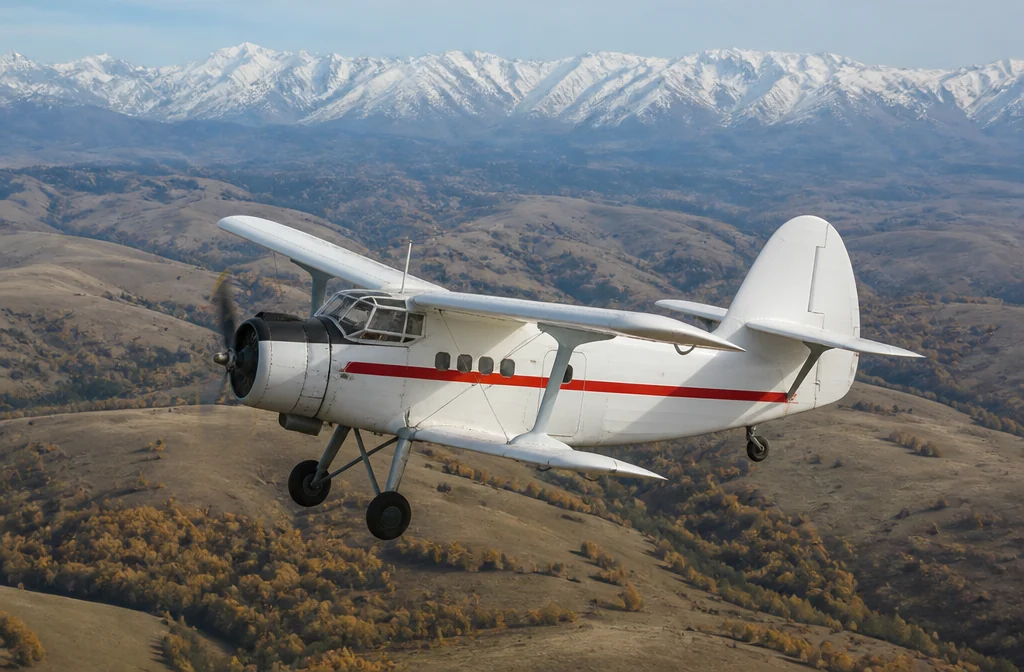 An-2 biplane flying over the steppe and foothills near Almaty
