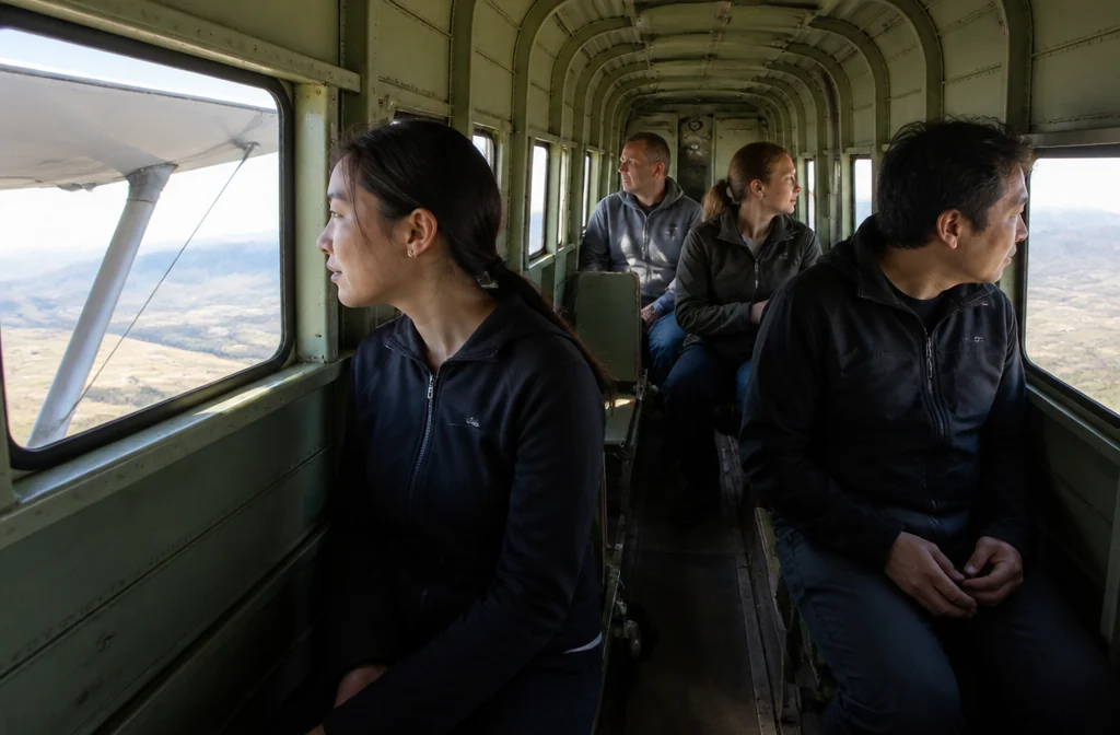 Passengers in the An-2 cabin looking at the foothills through the windows