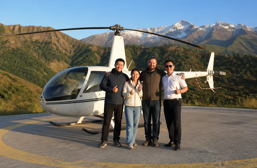 Алматы үстінен серуеннен кейін Robinson R44 тікұшағының жанында суретке түсу