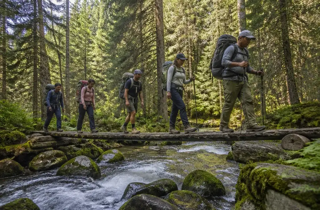 Crossing a log bridge over a stream in the cedar taiga of Katon-Karagay
