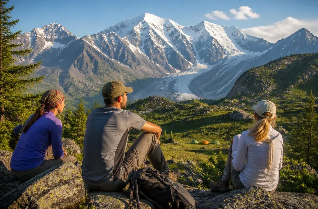 View of twin-peaked Belukha and its glaciers from the Kazakhstan side