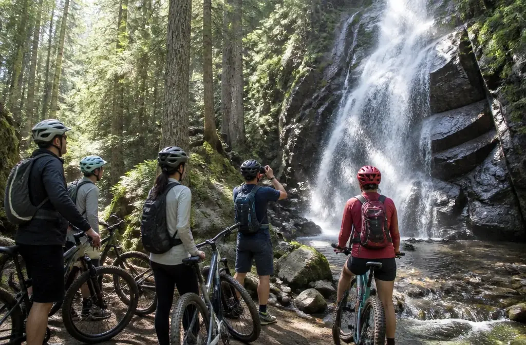 Stop at a waterfall during a bike tour in the Turgen Gorge