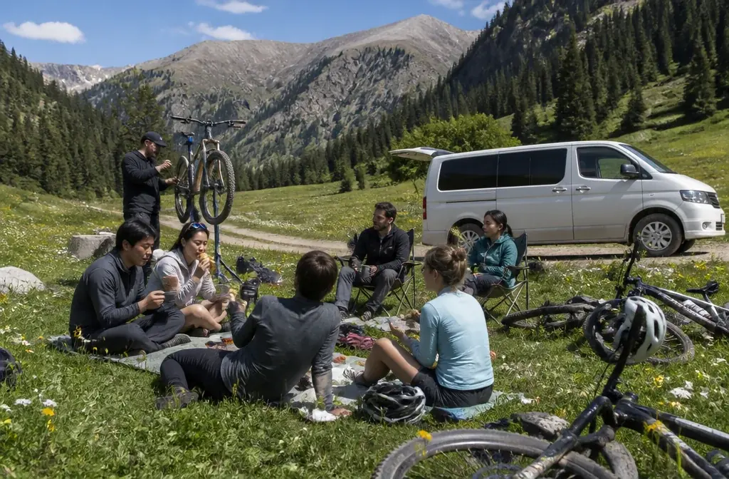 Lunch on an alpine meadow on a bike tour in the Turgen Gorge