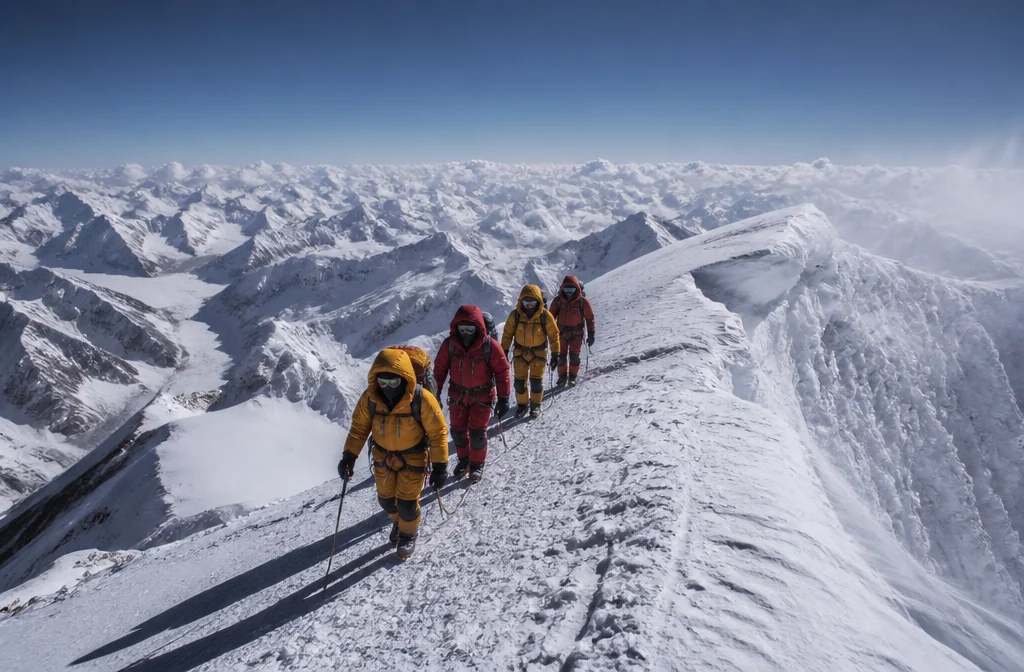 A roped team on the Pobeda Peak ridge above 7,000 m